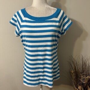 Dressbarn Woman Blue White Striped Short Sleeve Top Round Neck 100% Cotton Sz XL
